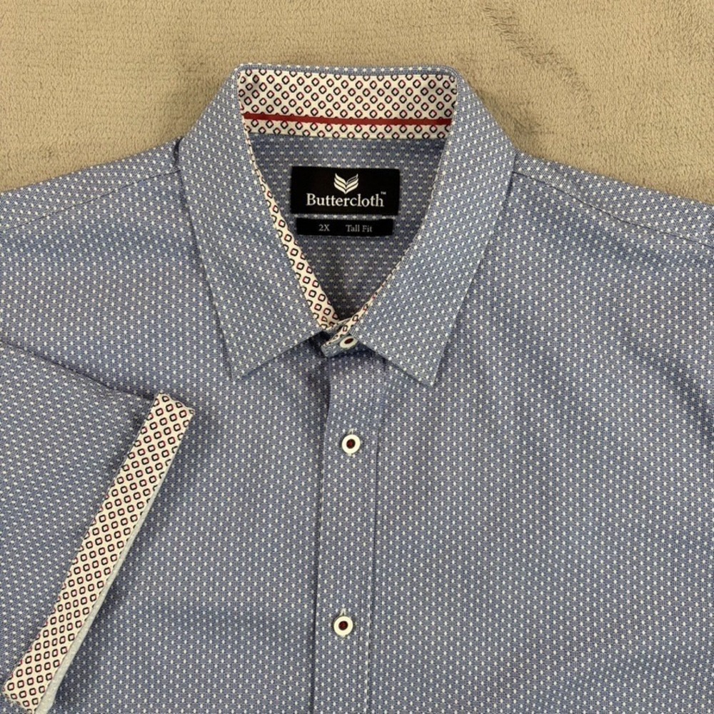 Buttercloth Flit Cuff Shirt in Blue Geometric Men 2XLT Tall Short Sleeve NWOT